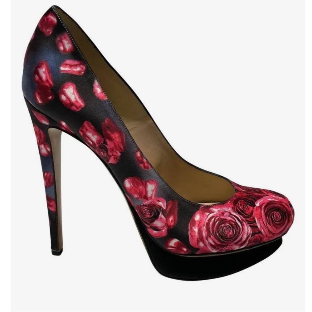Nicholas Kirkwood Pink Satin Rose Print Platform Heels